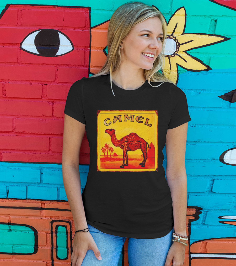 Vintage Camel Cigarettes Logo Yellow Square With Red Camel And Pyramids T-Shirt