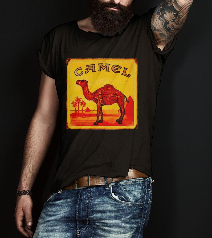 Vintage Camel Cigarettes Logo Yellow Square With Red Camel And Pyramids T-Shirt