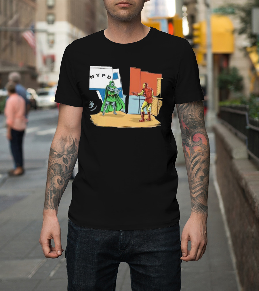 Doctor Doom Pointing at Iron Man in NYPD Scene New Mask Same Task T-Shirt