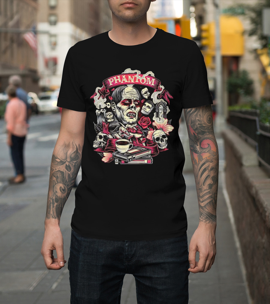 Phantom of the Opera The Many Faces of the Phantom with Skulls, Roses, and Coffee Cup T-Shirt