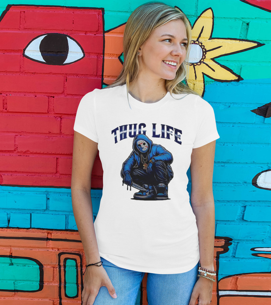 Thug Life Masked Man Sitting With Knife In Blue Hoodie And Sneakers T-Shirt