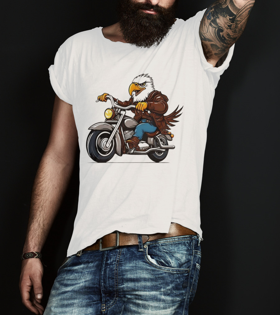 Eagle Riding Motorcycle In Brown Jacket And Blue Jeans T-Shirt