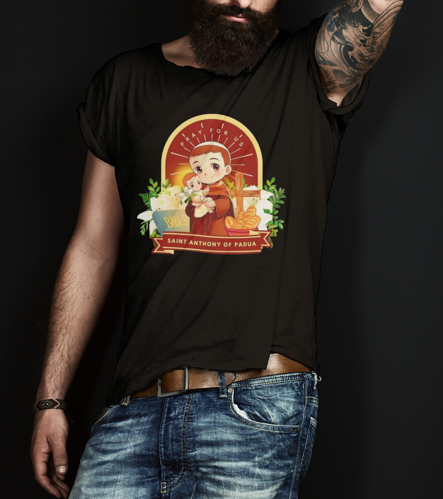 Saint Anthony Of Padua Pray For Us Cartoon With Bible And Bread T-Shirt