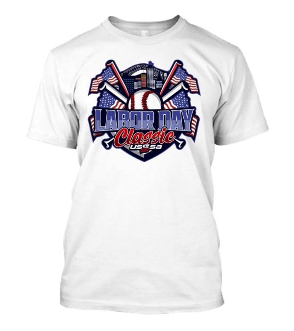 Labor Day Classic USSSA Baseball Crossed Bats And American Flag Themed Shield Logo T-Shirt