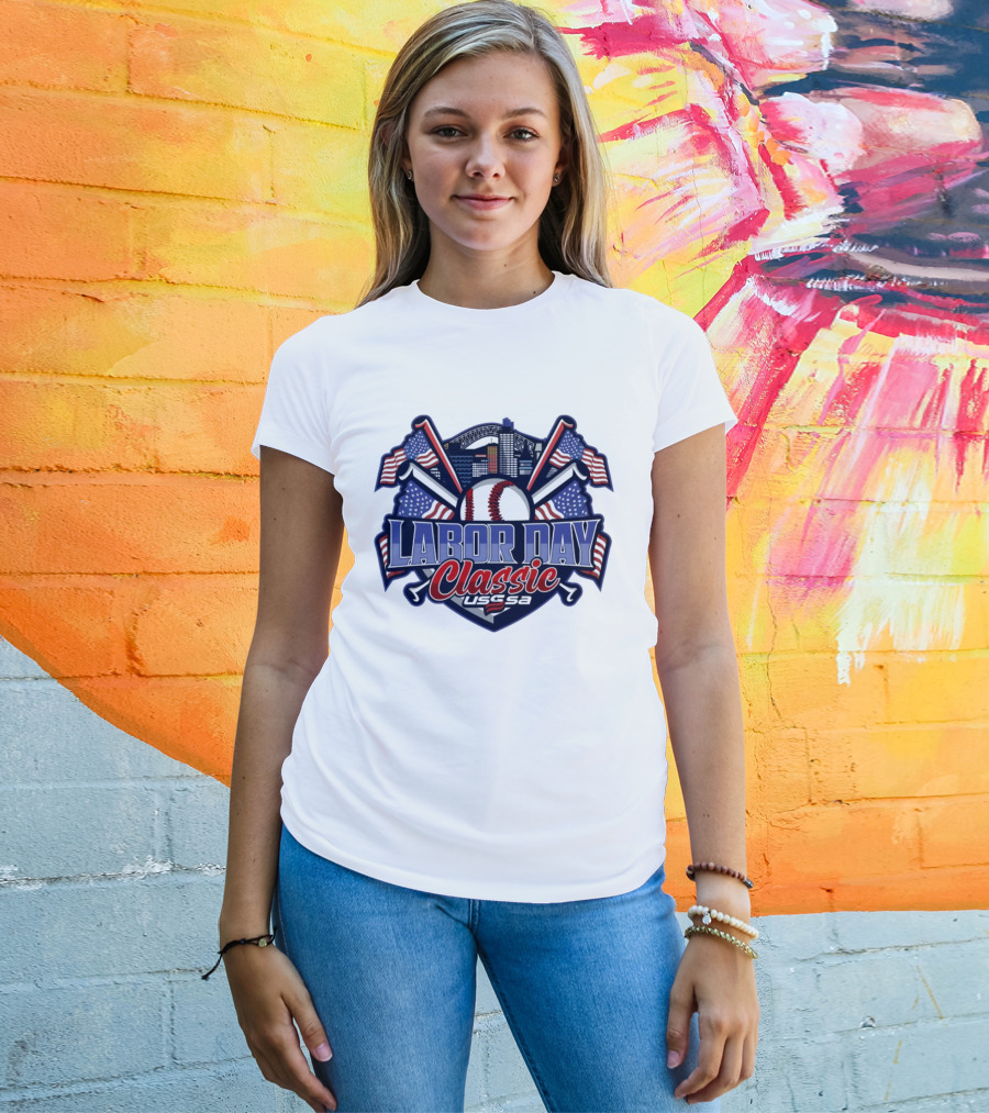 Labor Day Classic USSSA Baseball Crossed Bats And American Flag Themed Shield Logo T-Shirt