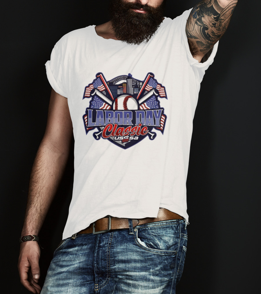 Labor Day Classic USSSA Baseball Crossed Bats And American Flag Themed Shield Logo T-Shirt