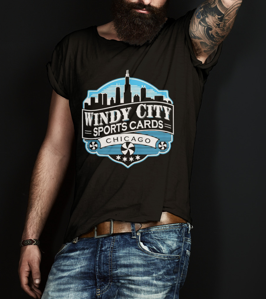 Windy City Sports Cards Chicago Skyline With Stars And Peppermint Swirls T-Shirt