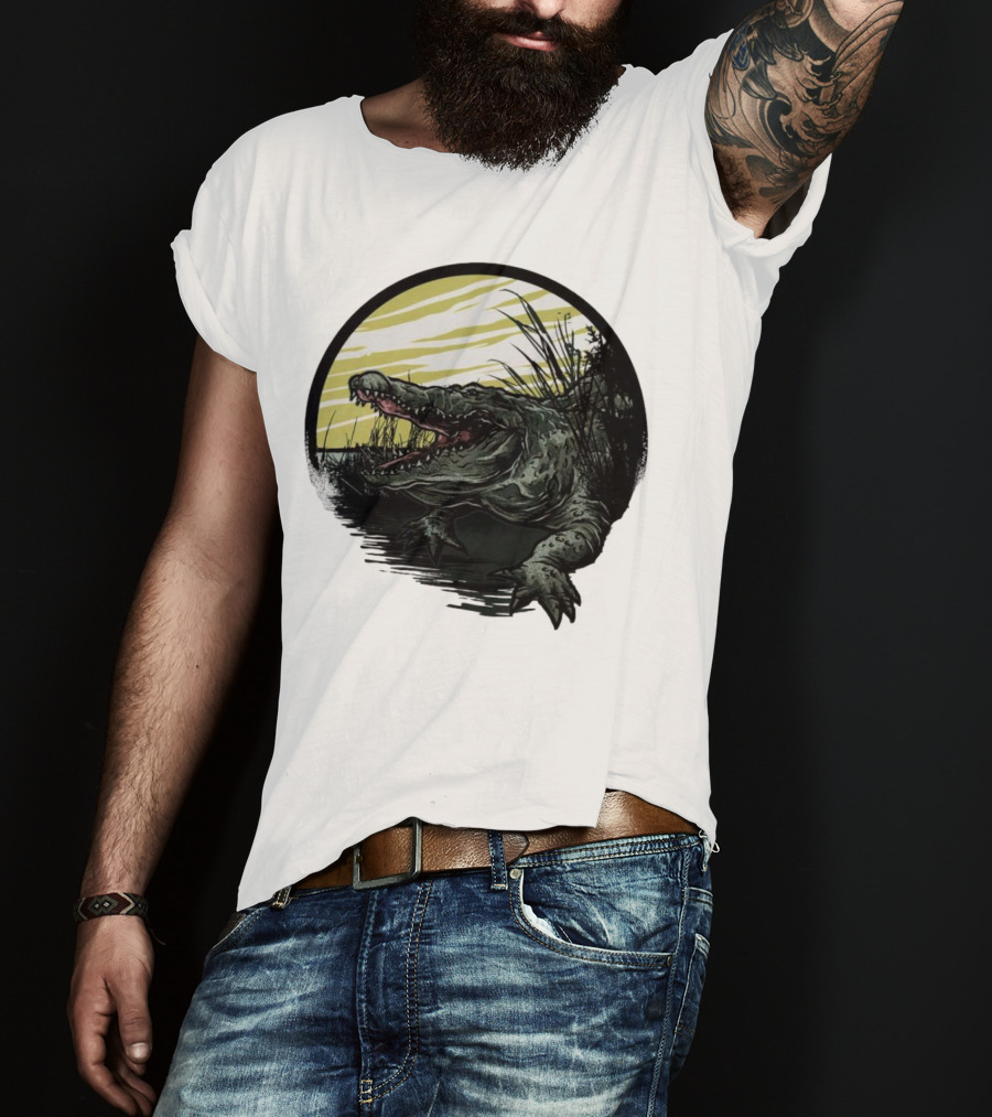 Crocodile Emerging From Water With Yellow Sky And Reeds T-Shirt