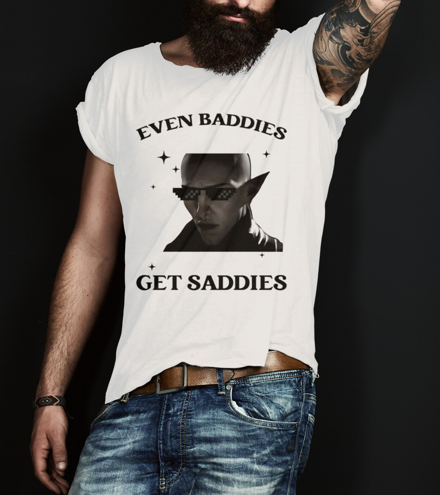 Even Baddies Get Saddies Pixelated Sunglasses Bald Elf Character T-Shirt
