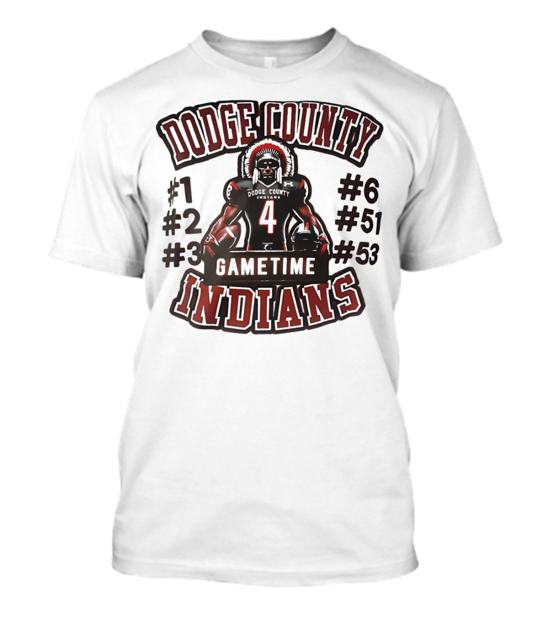 Dodge County Gametime Indians Football Player Numbers 1 2 3 4 6 51 53 T-Shirt