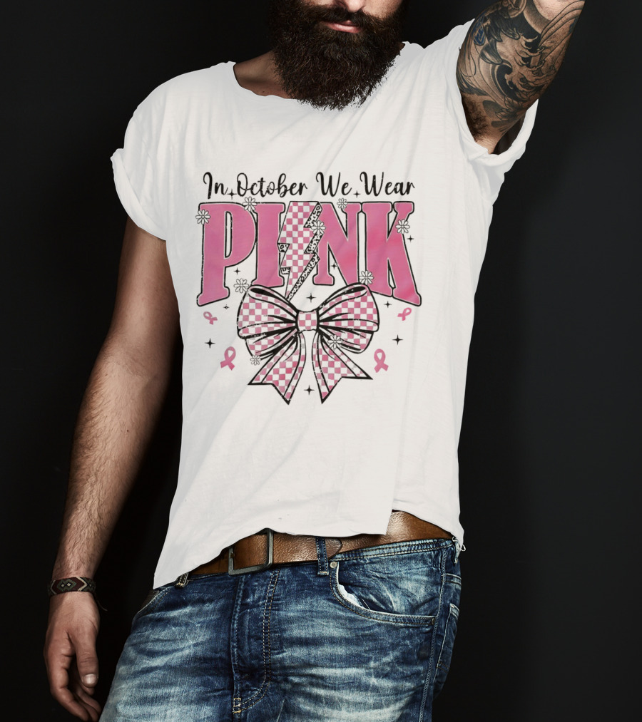 In October We Wear Pink Checkered Bow Lightning T-Shirt