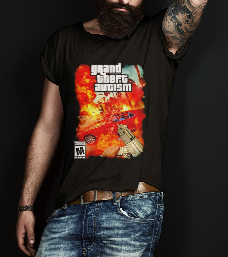 Grand Theft Autism Video Game Cover Parody With Car And Weapon T-Shirt