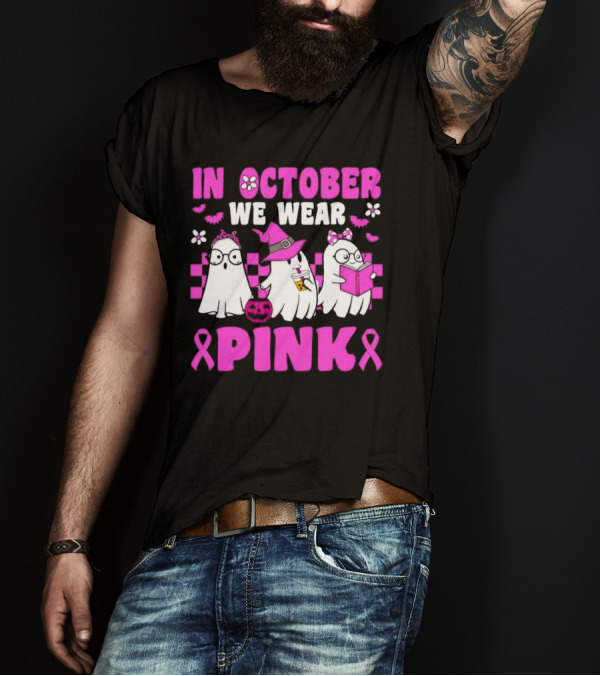 In October We Wear Pink Breast Cancer Awareness Groovy Ghosts Halloween T-Shirt