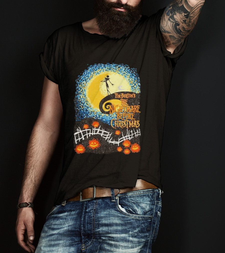 Tim Burton's The Nightmare Before Christmas Starry Night Vintage Pumpkin Fence T-Shirt