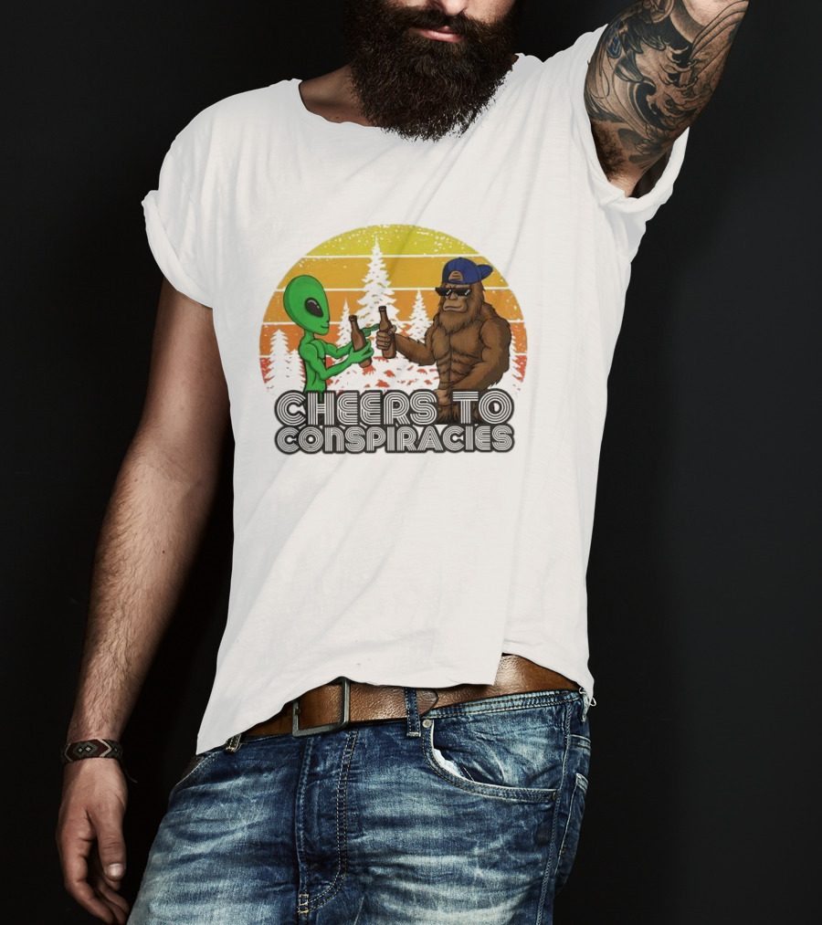 Alien And Bigfoot Cheers To Conspiracies In Retro Sunset Forest T-Shirt
