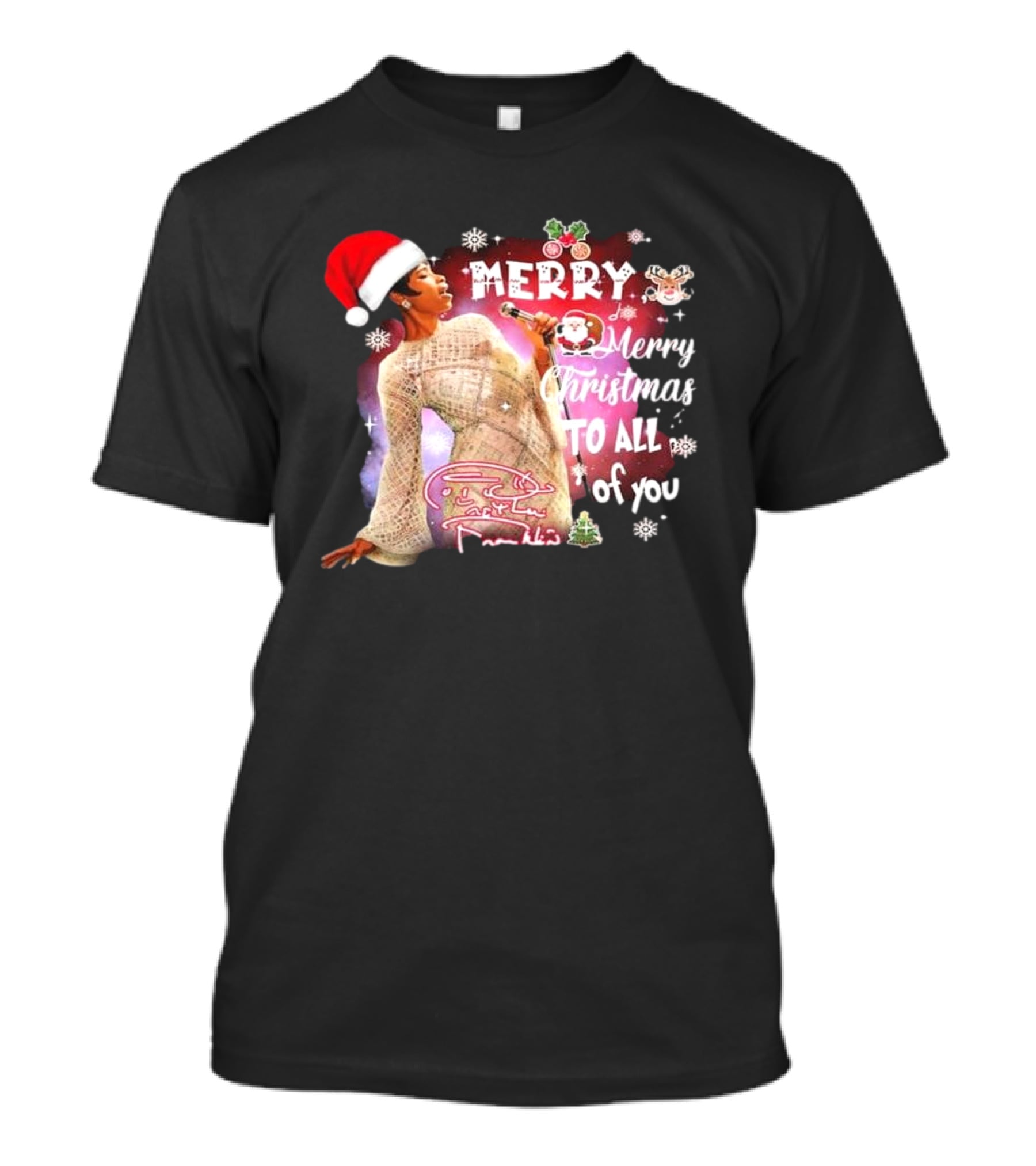 Aretha Franklin Merry Christmas To All Of You Santa Hat Snowflakes T-Shirt