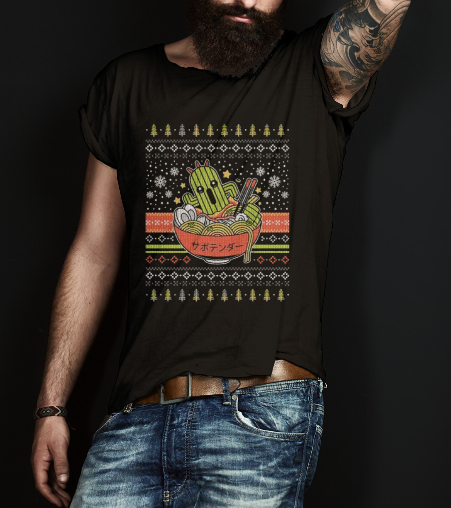 Cactuar Ramen Christmas Sweater Style With Snowflakes And Trees T-Shirt