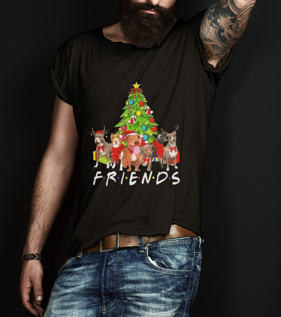 FRIENDS Christmas Tree With Pitbulls In Festive Scarf And Antlers T-Shirt