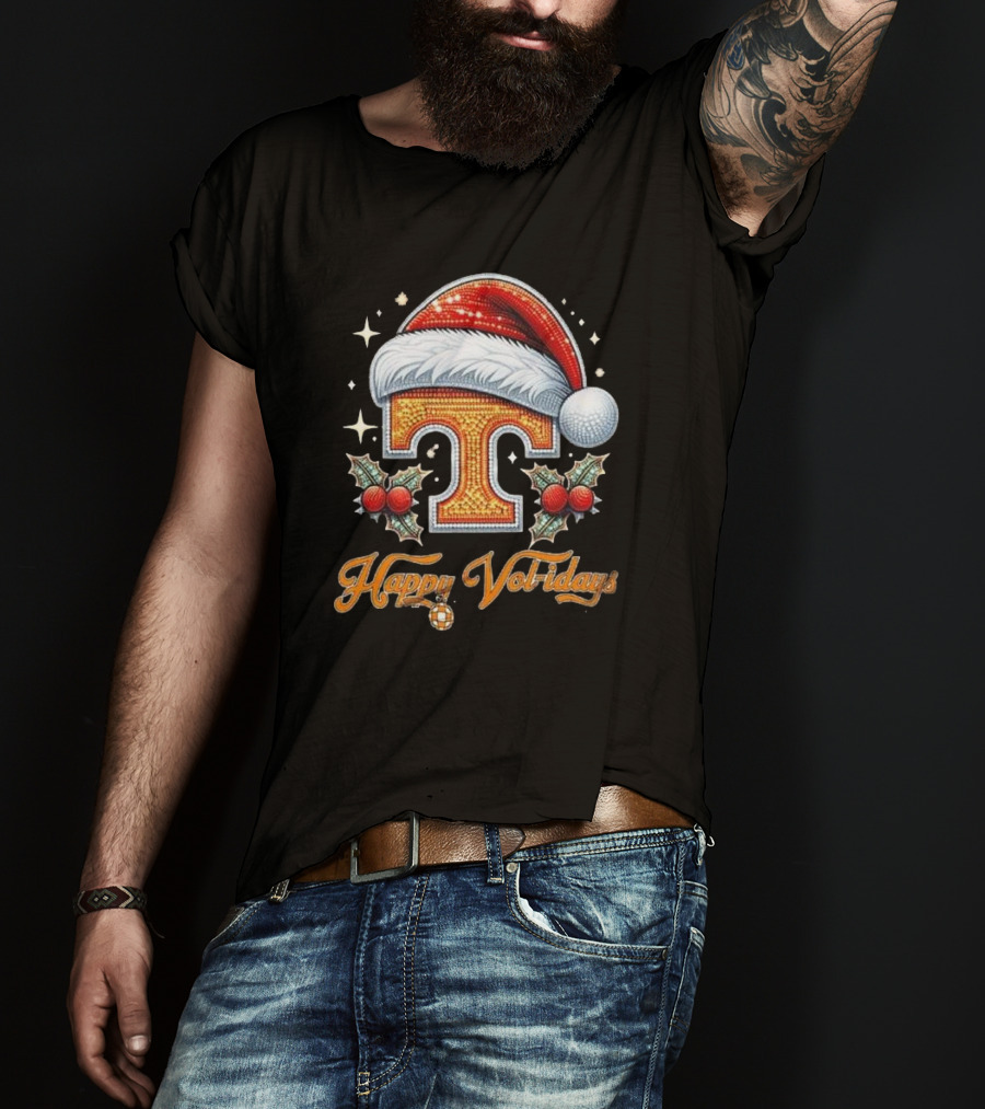Happy Vol-idays Santa Hat T With Holly And Stars T-Shirt