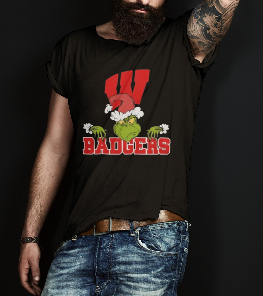 NCAA Wisconsin Badgers Grinch Christmas Football T-Shirt