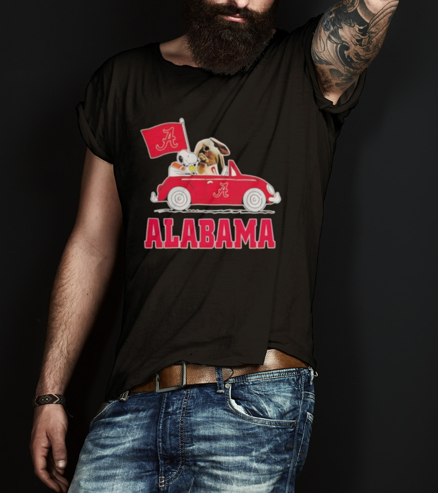 Snoopy And Big Al Driving Red Car With Alabama Flag Crimson Tide T-Shirt