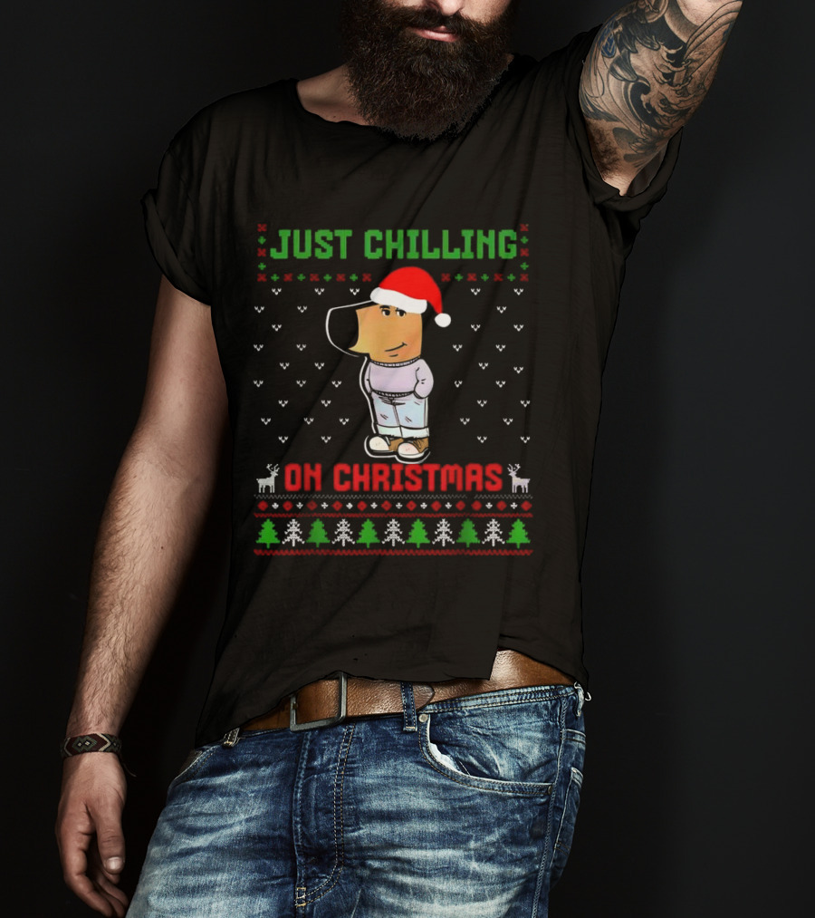 Just Chilling On Christmas Ugly Sweater Santa Hat Dog T-Shirt