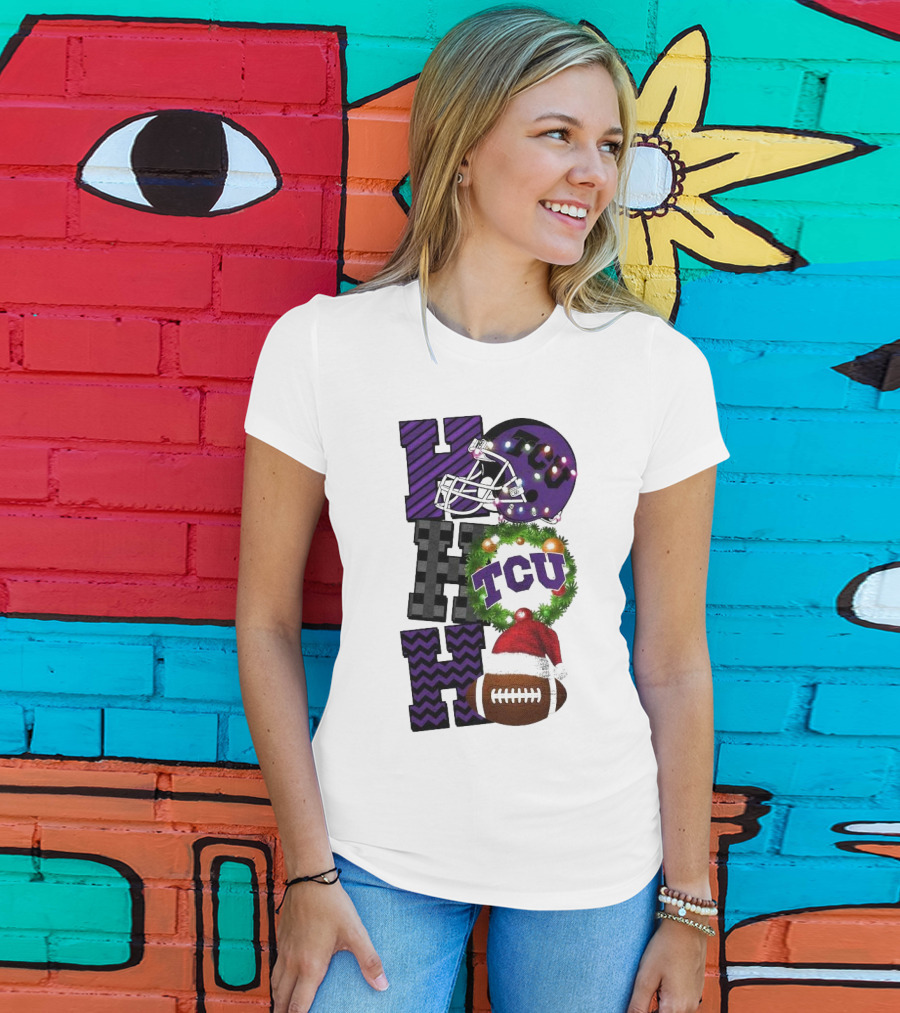 TCU Horned Frogs Football Christmas Ho Ho Ho Helmet And Wreath Game Day T-Shirt