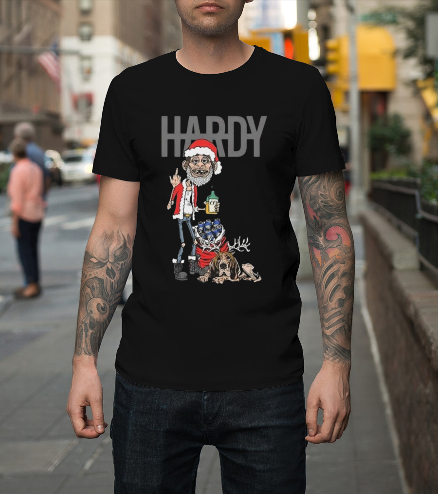 Hardy Christmas Santa Jim Bob with KY Bottle and Dogs Holiday T-Shirt