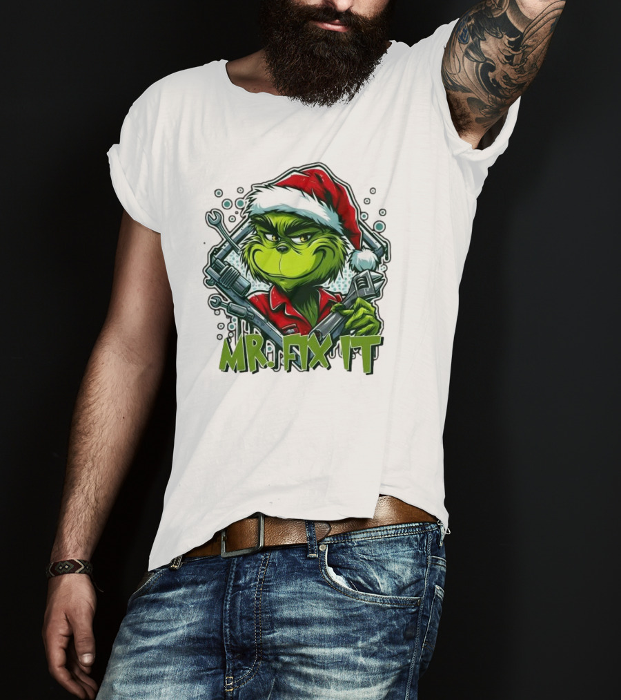 Mr. Fix It Grinch Merry Christmas Santa Hat Wrench Holiday T-Shirt