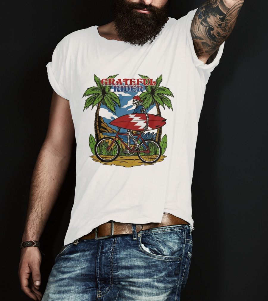 Grateful Rider Skeleton Beach Cruiser With Surfboard And Palm Trees T-Shirt