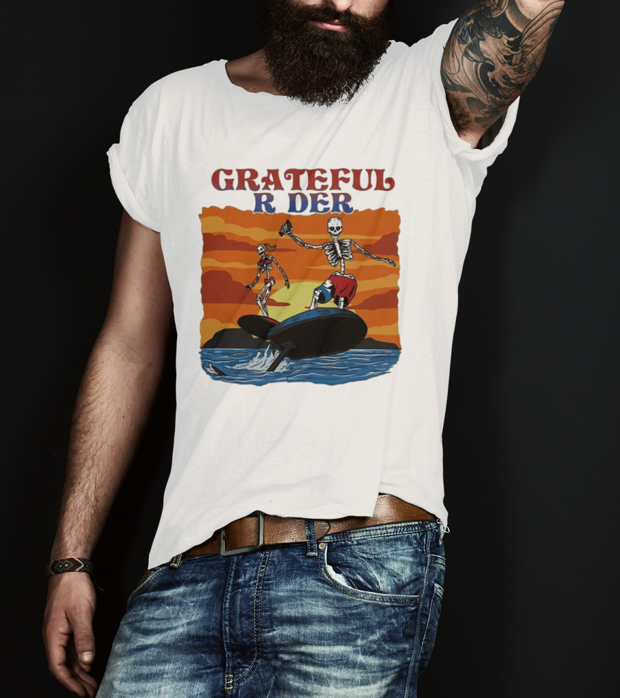 Grateful Rider Skeletons Surfing Sunset E-foil Adventure T-Shirt