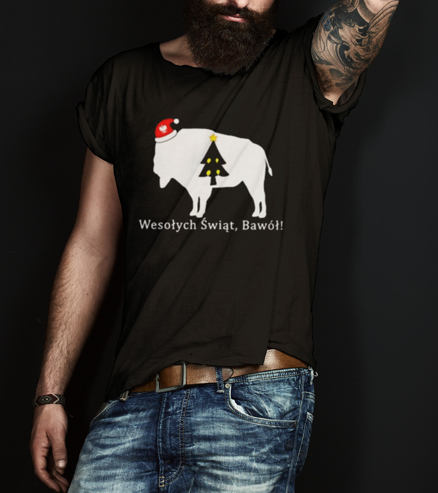 Merry Christmas Buffalo Wesolych Swiat Bawol Santa Hat Christmas Tree T-Shirt