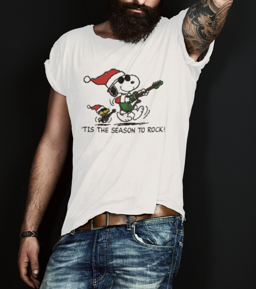 Peanuts Snoopy And Woodstock Christmas Tis The Season To Rock Santa Hat Guitar T-Shirt