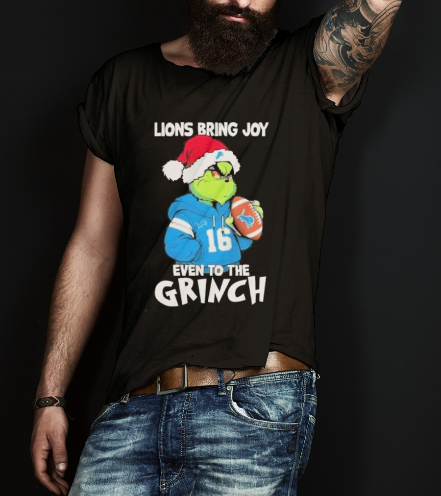 Detroit Lions Bring Joy Even To The Grinch Christmas Santa Football T-Shirt