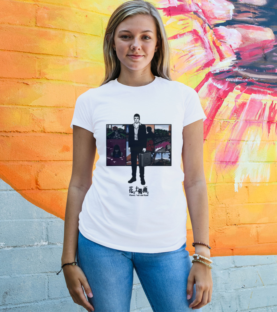 Flower Sun And Rain Comic Style Character With Suitcase And Scenic Panels T-Shirt