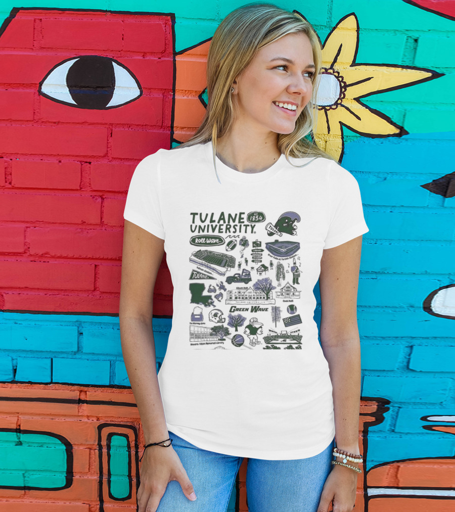 Tulane University Green Wave Roll Wave New Orleans Landmarks Est 1834 Tulane Stadium Riptide Mascot Iconography T-Shirt
