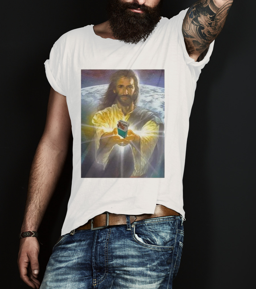 Jesus Offering Marlboro Cigarettes On Cosmic Background T-Shirt