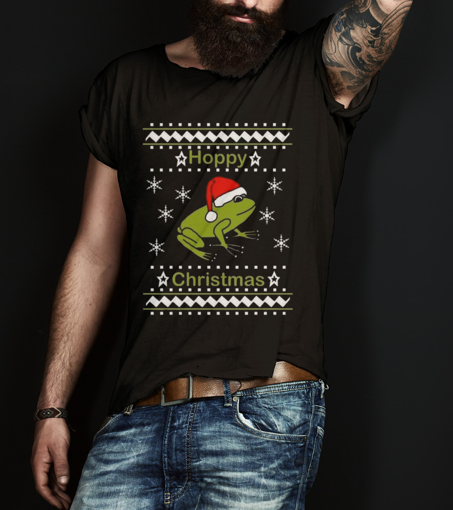 Hoppy Christmas Frog Wearing Santa Hat Surrounded By Snowflakes T-Shirt