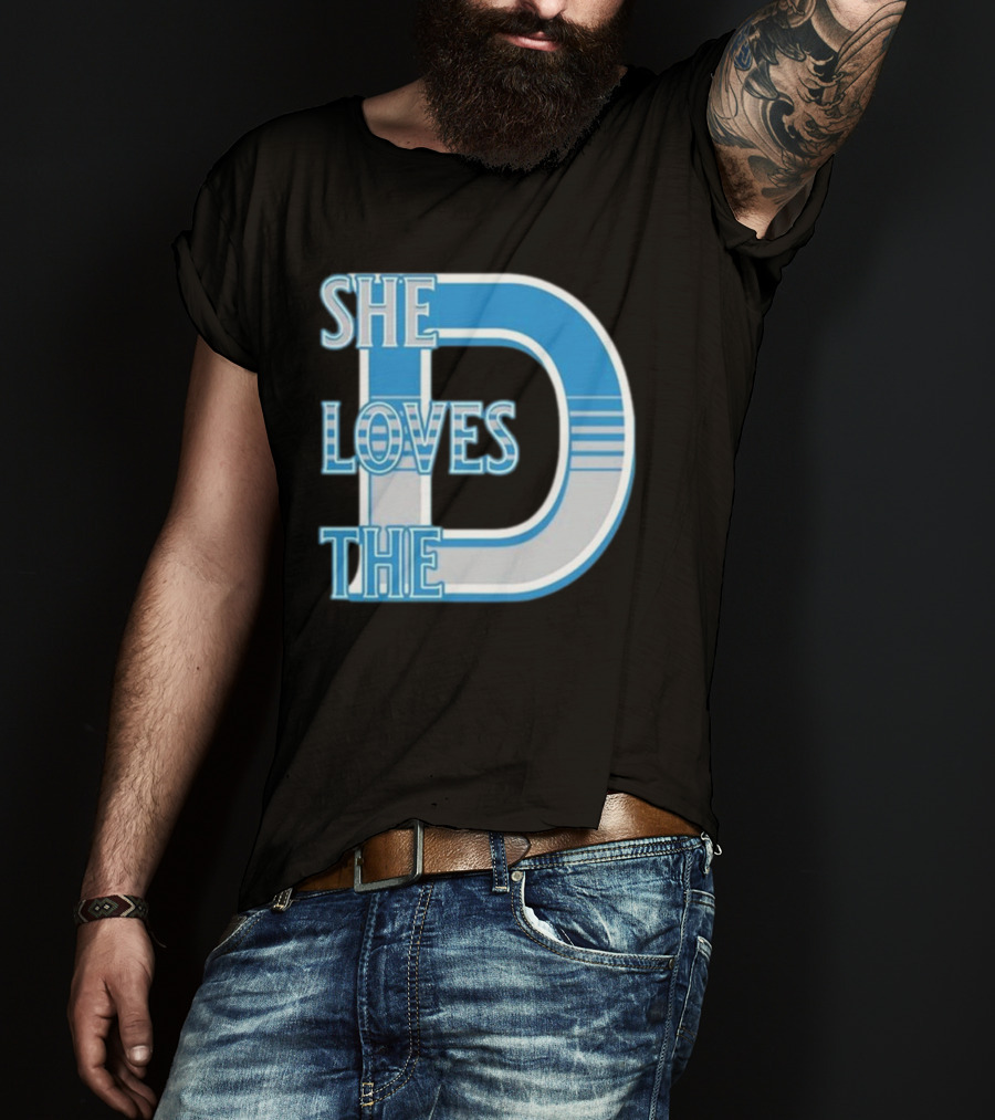 She Loves The D Detroit Blue Striped Lettering T-Shirt
