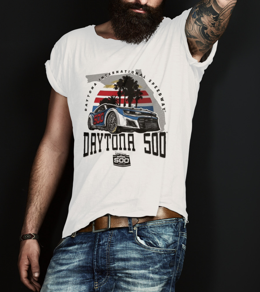 Daytona 500 Daytona International Speedway 2025 Racing Car Graphic With Palm Trees And Stripes T-Shirt