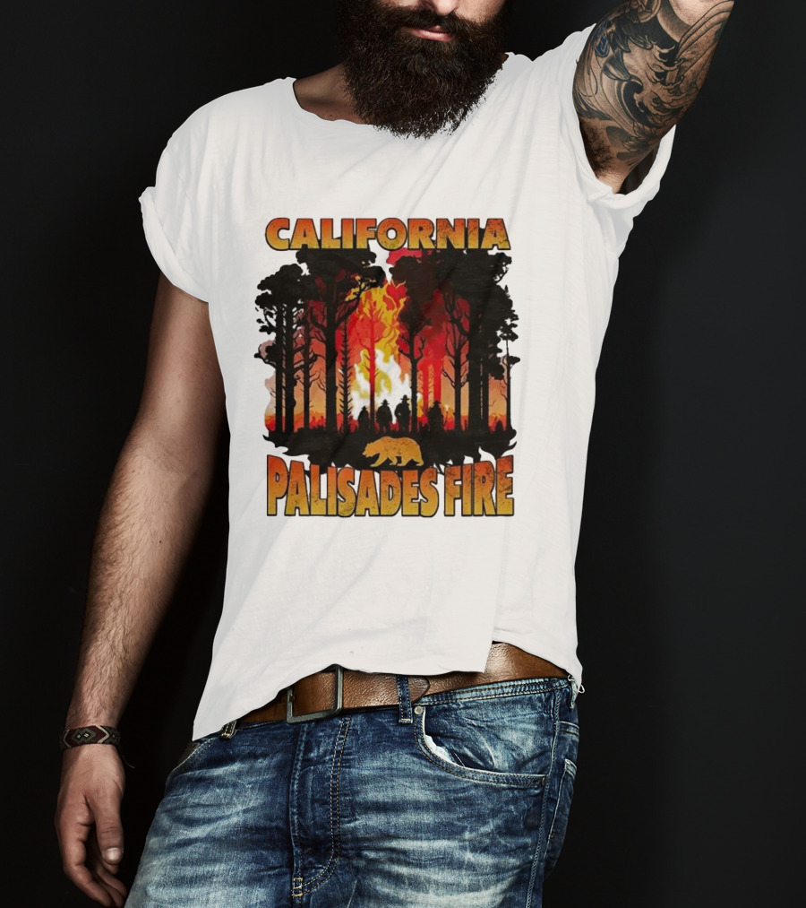 California Palisades Fire 2025 Forest Silhouette And Flames With Bear T-Shirt