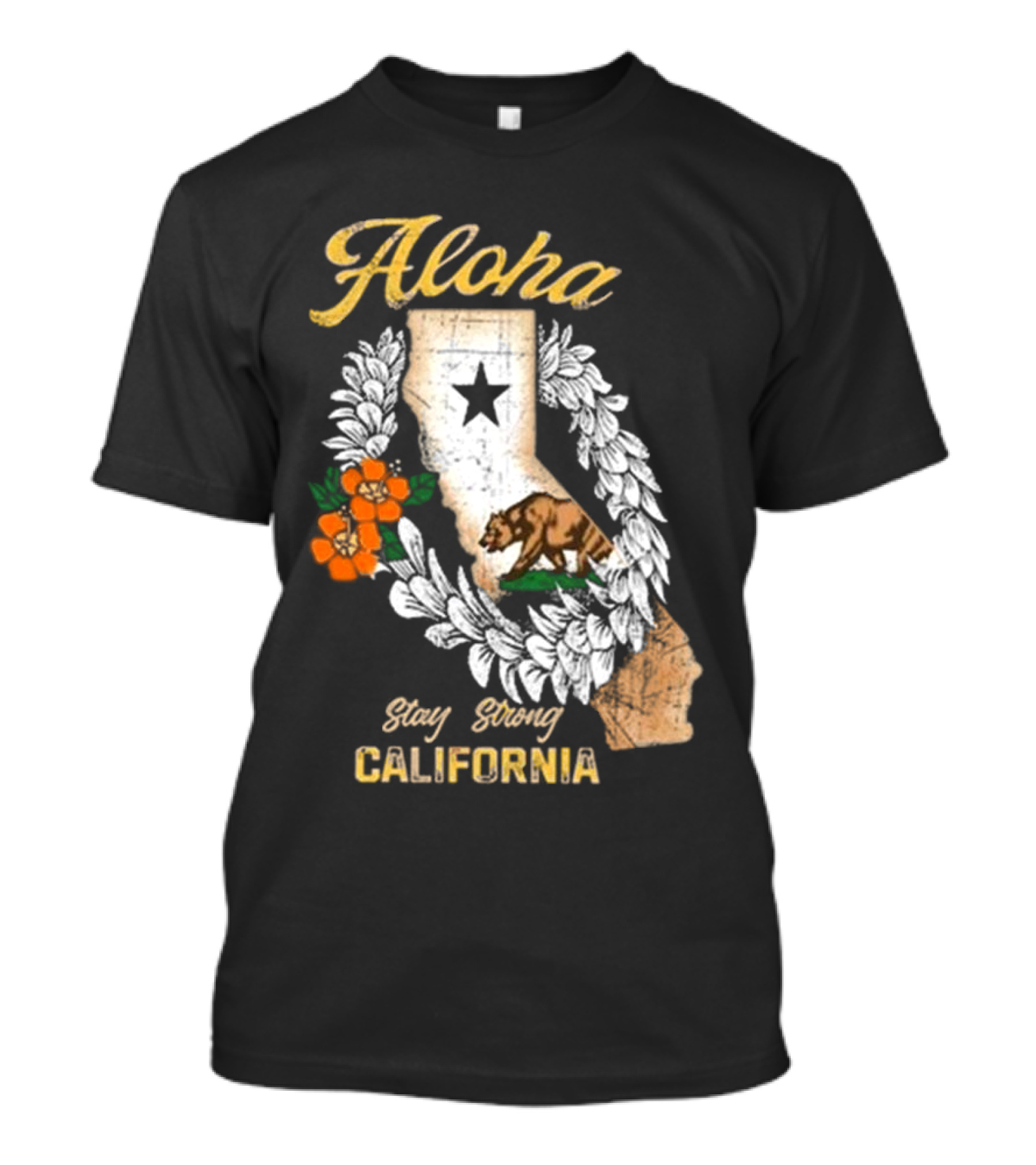Aloha Stay Strong California Bear Star Map And Flower Garland T-Shirt