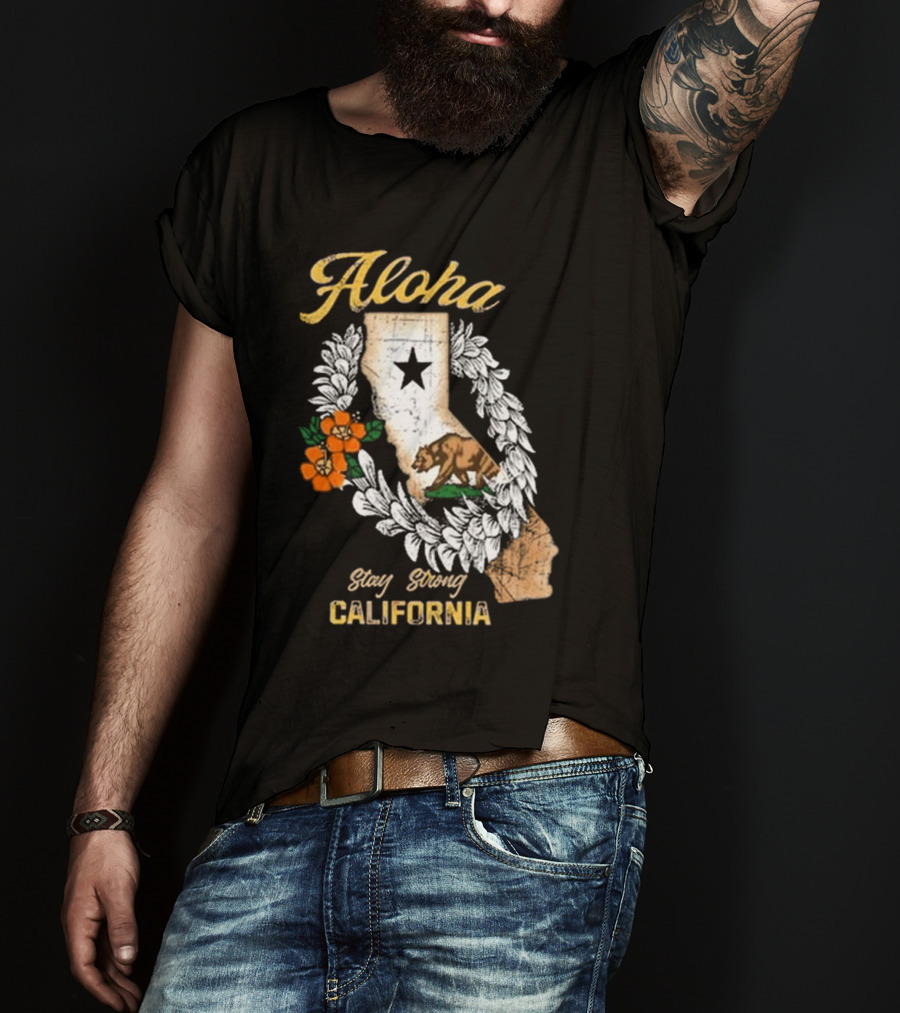 Aloha Stay Strong California Bear Star Map And Flower Garland T-Shirt