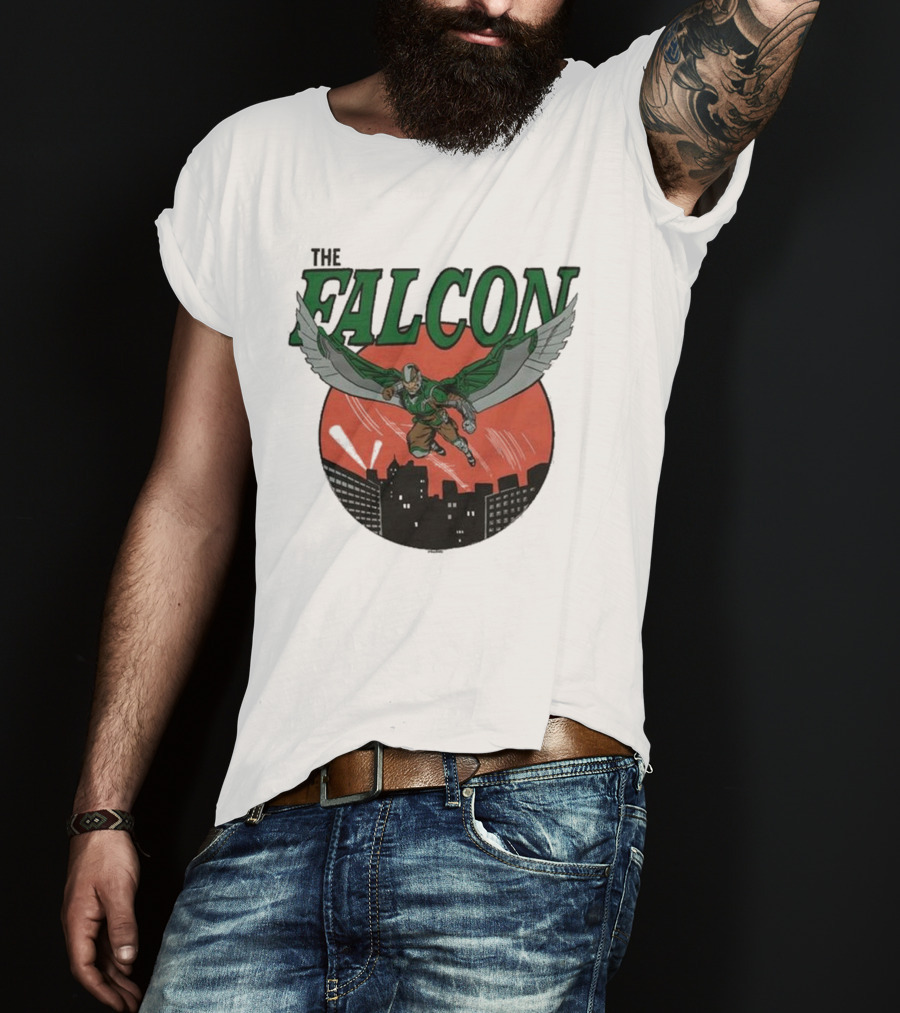 The Falcon Soaring Over City Skyline In Action-Packed Comic T-Shirt