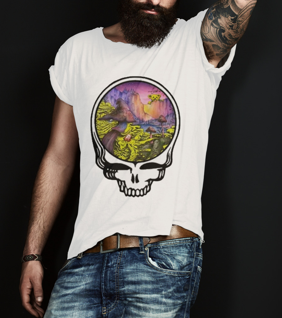 Grateful Dead Skull With Psychedelic Landscape And Mushrooms T-Shirt