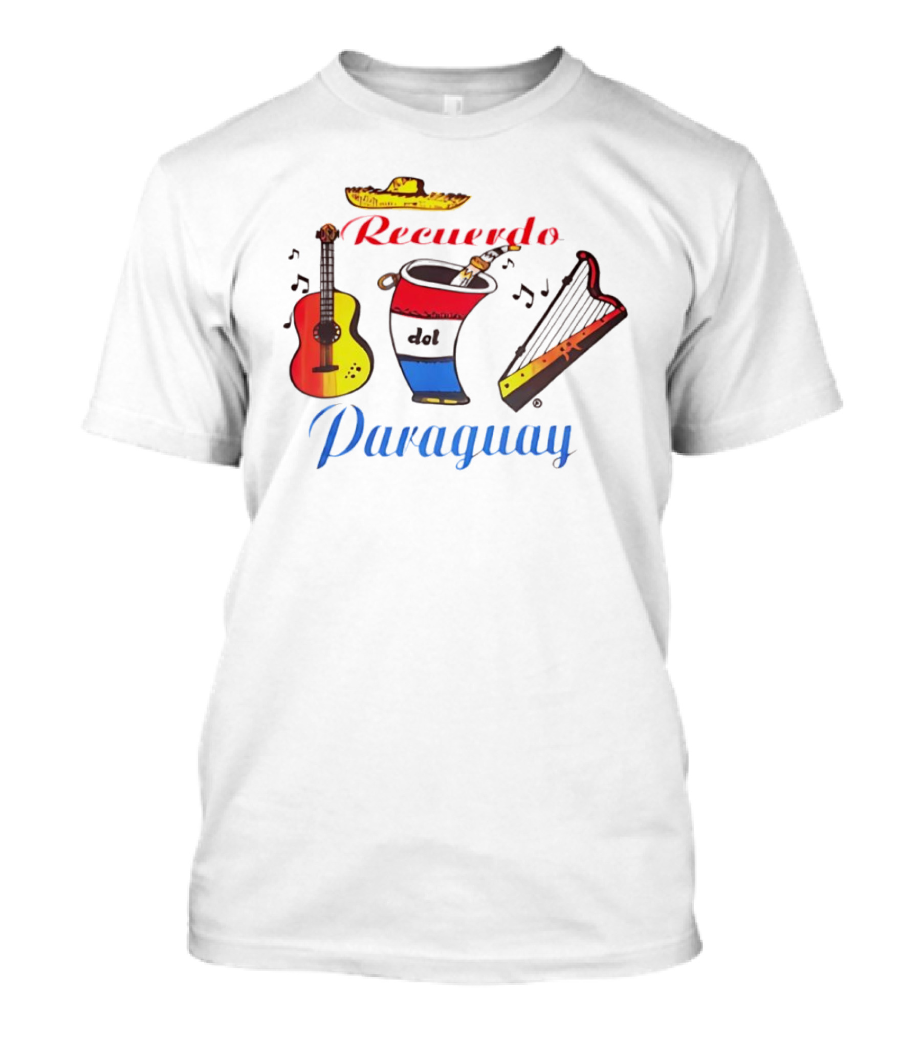 Recuerdo Del Paraguay Sombrero Guitar Mate Harp Music Notes T-Shirt