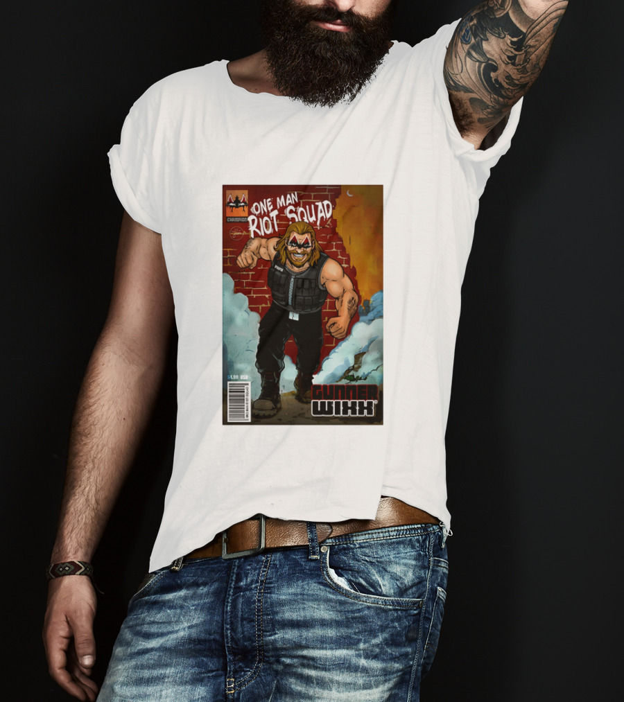 One Man Riot Squad Comic Cover Gunner Wixx Face Paint Featuring Champion Branding T-Shirt