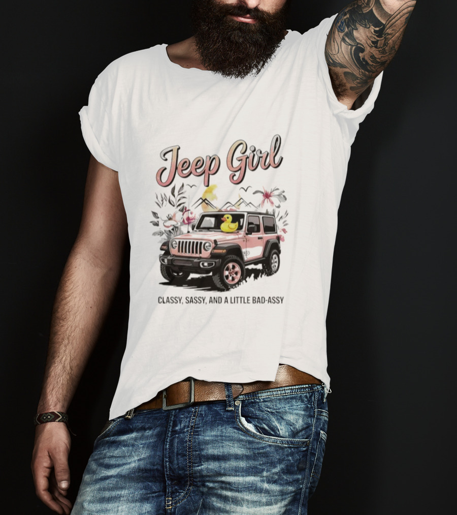 Jeep Girl Classy Sassy And Little Bad-Assy Pink Jeep Rubber Duck Floral Bunnies T-Shirt