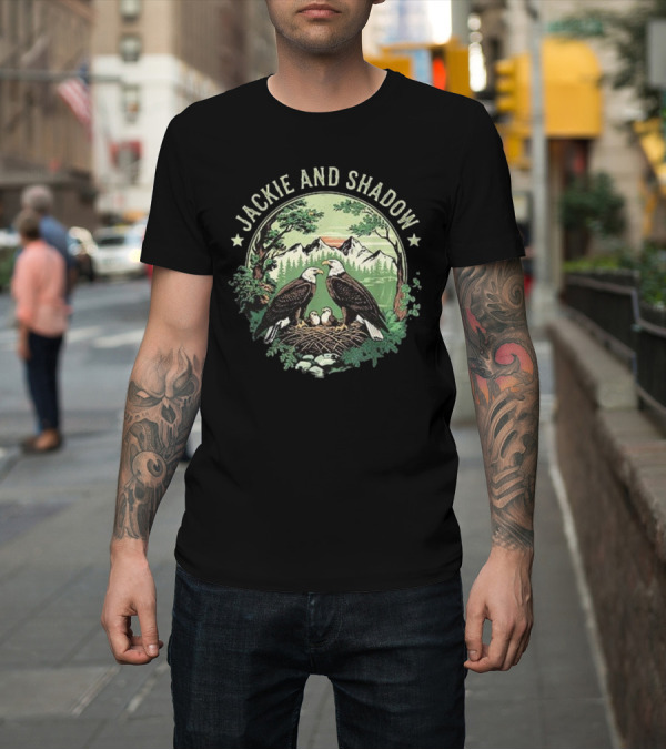 Shirt: Jackie And Shadow Bald Eagle Family Nesting Scene with Mountain and Forest Background T-Shirt Jackie And Shadow Bald Eagle Family Nesting Scene with Mountain and Forest Background T-Shirt