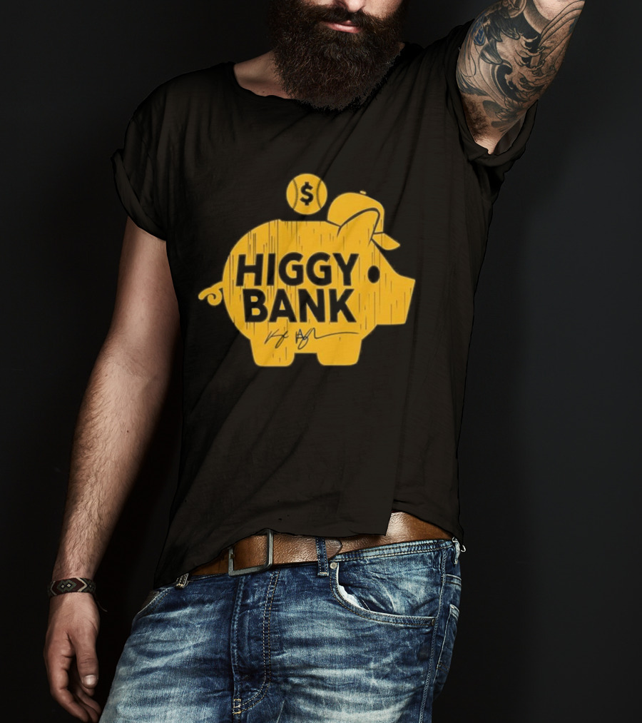 Higgy Bank Piggy Bank Graphic Baseball Theme With Signature And Dollar Sign T-Shirt